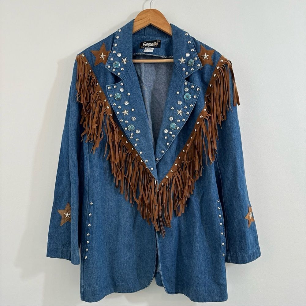 Vintage Denim Fringe Studded Star Western Boho Jacket Festival Gepetto Medium